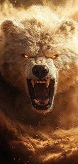 Fierce bear with glowing eyes emerging from dust storm.