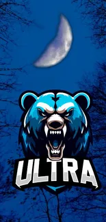 Fierce bear logo with moonlit night sky background.