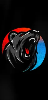 Roaring bear with red and blue circle background on black wallpaper.