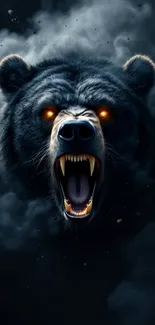 Roaring bear with glowing eyes on dark background.