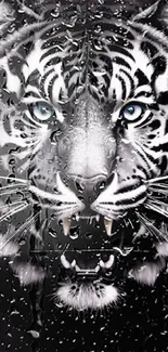 Black and white tiger with blue eyes in a fierce artistic design.