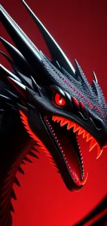 Fierce black dragon with red eyes on a scarlet background for mobile wallpaper.