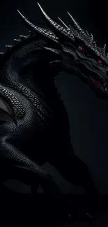 Black dragon with red eyes on a dark background.