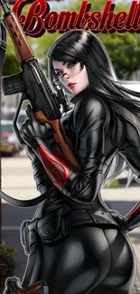 Illustration of a woman in black suit with a firearm, titled Bombshell.