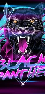 Fierce black panther in neon retro art style with vibrant colors.