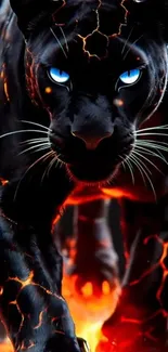 Fierce black panther with glowing blue eyes and fiery accents.