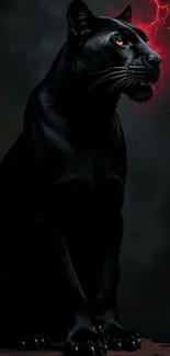 Black panther with glowing eyes and red lightning background.