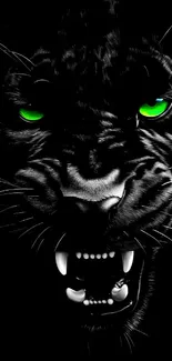 Black panther with intense green eyes on dark wallpaper.