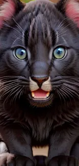 Close-up image of a fierce black panther with bright eyes and a dynamic pose.