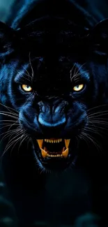 Fierce black panther with piercing eyes in a dark jungle setting.