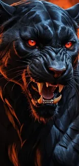 Fierce black panther with fiery eyes and dark fur.