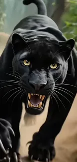 Fierce black panther in jungle wallpaper.