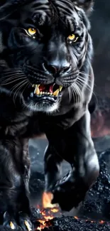 Fierce black panther with glowing eyes and fiery surroundings.