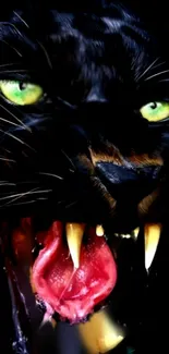 Fierce black panther with green eyes and open mouth in digital wallpaper.