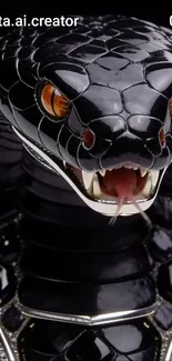 Fierce black snake with red eyes and open mouth design on a mobile wallpaper.