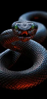 Close-up of a black snake with green eyes on a dark background.
