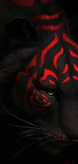 Fierce black tiger with red tribal markings on a dark background.