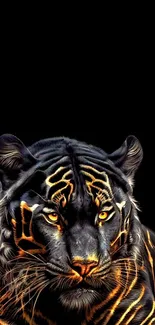 Fierce black tiger with fiery orange stripes on a dark background.