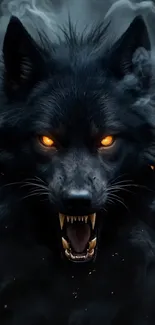 Fierce black wolf with glowing eyes.