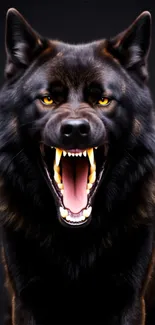 Fierce black wolf with sharp teeth and piercing eyes.