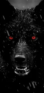 Fierce black wolf with red eyes in the rain, dramatic mobile wallpaper.