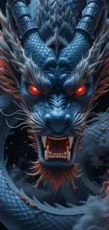 A vivid blue dragon with fiery red eyes and intricate scales.