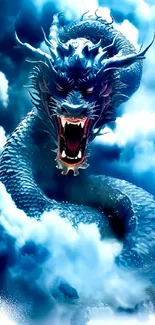 A fierce blue dragon emerges from mystical clouds in this fantasy wallpaper.