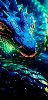 A vibrant blue dragon with glowing eyes, perfect for a fantasy mobile wallpaper.