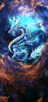 Blue dragon in a cosmic swirling background for mobile wallpaper.