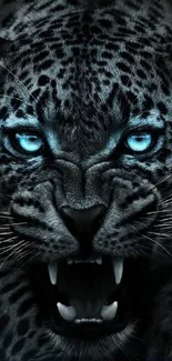 Fierce blue-eyed leopard in dark tones, perfect for mobile wallpapers.