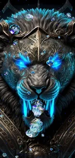 Fierce lion art with blue glowing eyes and detailed armor.