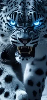 Fierce snow leopard with glowing blue eyes in a dynamic pose.