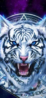 Fierce blue-eyed tiger with glowing accents in mystical design.