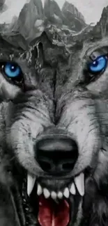 Fierce wolf with blue eyes art wallpaper for mobile devices.