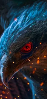 Majestic blue hawk with red eyes and orange sparks background.