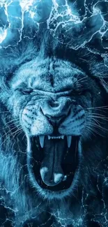 Fierce blue lion roaring energetically in electric tones.