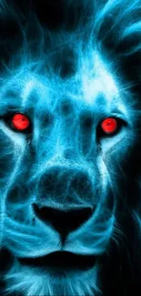 Vibrant blue lion with glowing red eyes