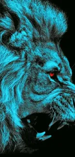 Striking blue lion head with a fierce expression on black background.