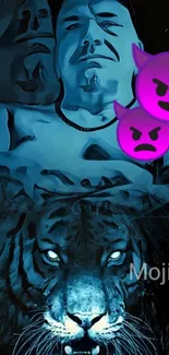 Blue tiger with graphic design and emojis wallpaper.