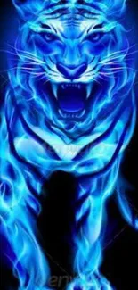 Fierce blue tiger with electric glow on a dark background.