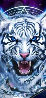 Fierce blue tiger with cosmic background wallpaper.