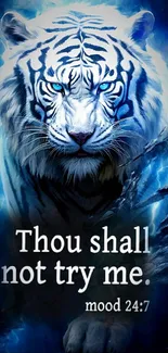 Blue tiger with fierce look and motivational quote mobile wallpaper.