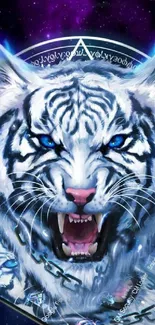 Fierce blue-eyed tiger with glowing details in cosmic setting.