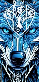 A fierce blue wolf artwork design with intricate details.