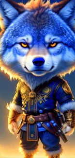 Fantasy art of a blue wolf warrior in gold armor against a vibrant background.