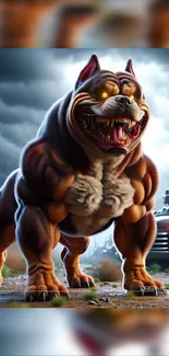 Intense bulldog artwork with stormy background, perfect for edgy mobile wallpaper.