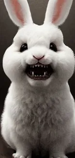 Fierce white bunny with sharp teeth on dark background, mobile wallpaper.