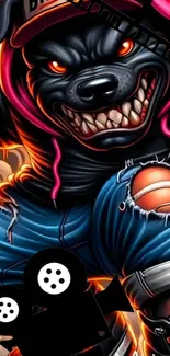 Fierce cartoon dog with vibrant colors and dynamic design.