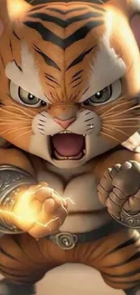 Fierce cartoon tiger with lightning effects, standing ready.