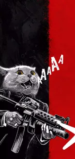 Fierce illustrated cat with gun on red background mobile wallpaper.